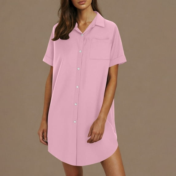 Clearance under 10$ Sevevn Women's Summer Button Up Shirt Skirt With A Collar Made Of Cotton And Linen Mini Dress Shirt Dress Clearance Sales Online Deals Pink XL