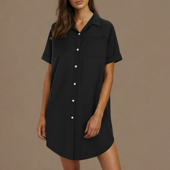 Clearance under 10$ Sevevn Women's Summer Button Up Shirt Skirt With A Collar Made Of Cotton And Linen Mini Dress Shirt Dress End of Year Clearance Black XXL