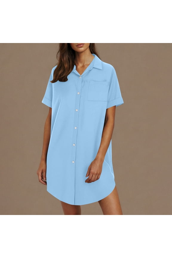 Clearance under 10$ Sevevn Women's Summer Button Up Shirt Skirt With A Collar Made Of Cotton And Linen Mini Dress Shirt Dress Women Beach Fashion Light Blue L