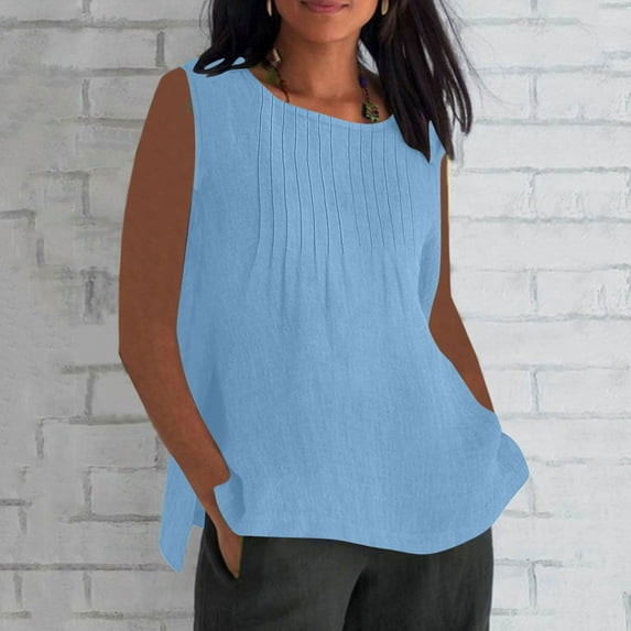 Sevevn Women's Summer Fashion Pleated Sleeveless Round Neck Imitation Cotton And Linen Loose Shirt Blouse Sales Today Clearance Sky Blue L