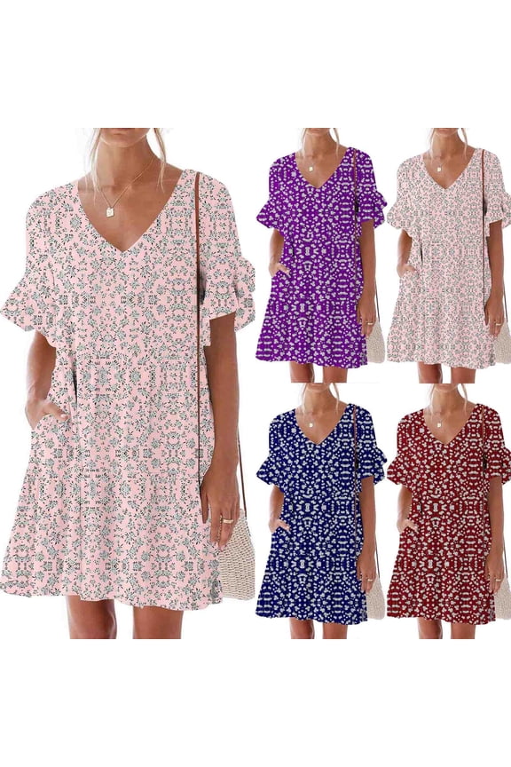 Summer Fashion Mini Dresses for Womens 2025 Plus Size Casual Dress Sweet Cute V-Neck Dress Pocket Printed Short Sleevele Ruffle Dress