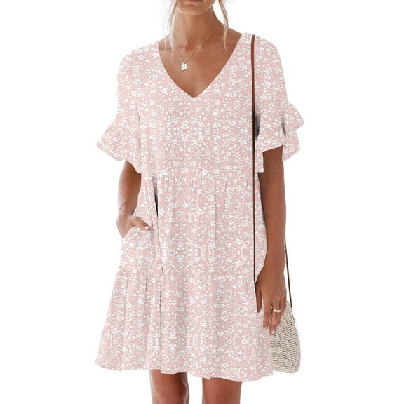 Summer Fashion Mini Dresses for Womens 2025 Plus Size Casual Dress Sweet Cute V-Neck Dress Pocket Printed Short Sleevele Ruffle Dress