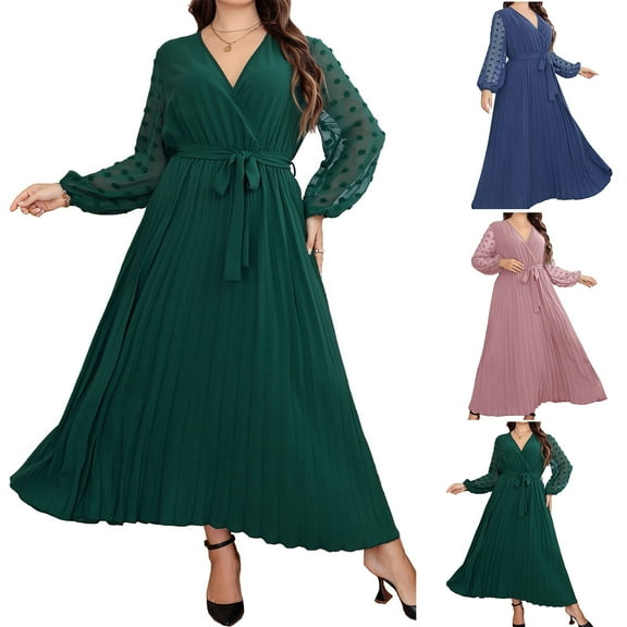 Summer Fashion Plus Size Maxi Dresses for Womens 2025 Casual Solid Color V-Neck Elastic Waist Stitching Long Skirt Dress Long Sleeve V-Neck Ankle Dress