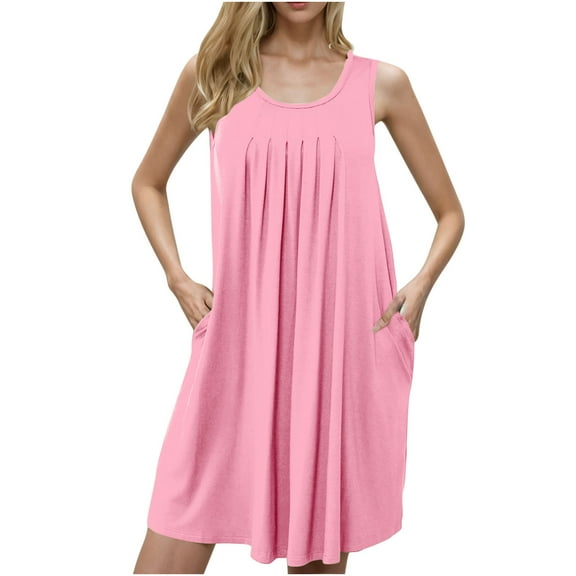 Summer Fashion Plus Size Sun Dresses for Womens 2025 Solid Color With Pockets Sleep Shirts Sleeveless Sleepwear Pleated Front Nightshirt Round Neck Nightdress