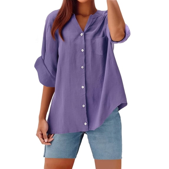 Summer Plus Size Tops for Women 2025 Fashion Cotton And Linen Shirt Solid Color 3/4 Sleeve Top Oversized T-shirt Casual V-neck Shirt
