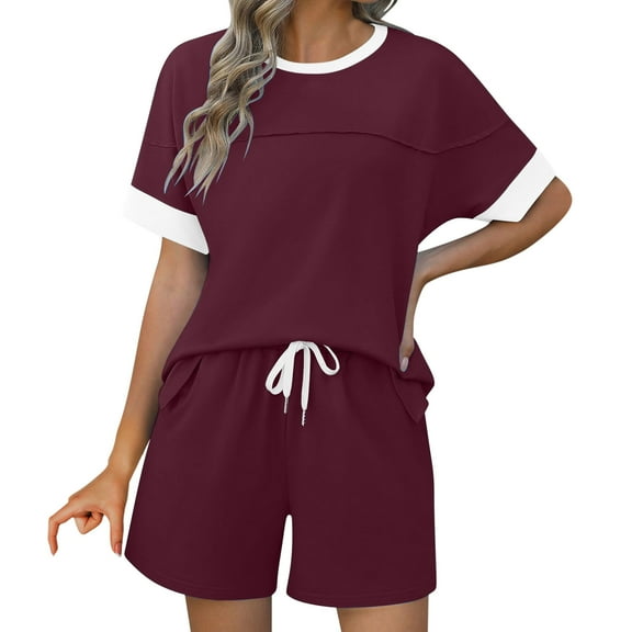 Suumer Plus Size Casual Fshion Two Piece Sets For Women Casual Short Sleeved Round Neck Top And Drawstring Shorts Color Blocked Set