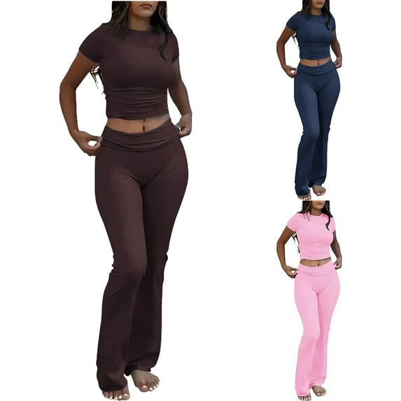 Suumer Plus Size Casual Fshion Two Piece Sets For Women Casual Shoulder Solid Color Pocket Exercise Straight Short Sleeved Low Waisted Flared Pants Sports