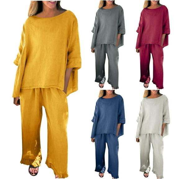 Suumer Plus Size Casual Fshion Two Piece Sets For Women Fall Solid Color Casual Pants Five Points Sleeve Top/Shirt Set Short Sleeve Sleeve Round Neck Top/Shirt Set