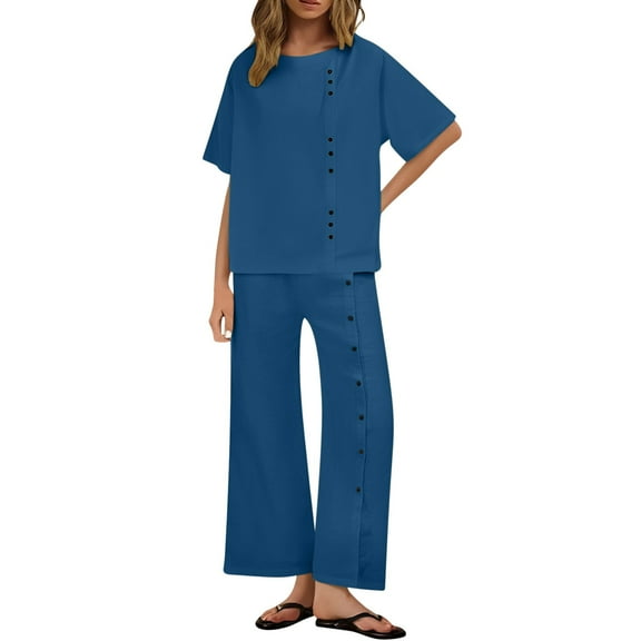 Suumer Plus Size Casual Fshion Two Piece Sets For Women Solid Button Decor Set Short Sleeve Blouse  Wide Leg Split Pants Cotton And Linen Outfits