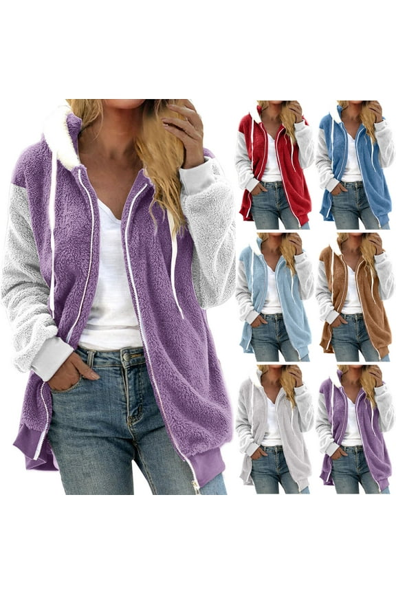 Winter Warm Fashion Faux Zip Up Hooded Jackets for Womens Fashion Plus Size V-Neck Pullover Tops Long Sleeve Hooded Blouse Sweatshirt