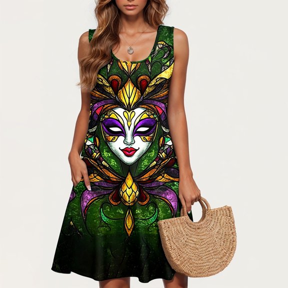 Under $10! Xqxayjr Ladies Mardi Gras Sundresses with Pockets Flowy Swing Summer Casual Scoop Neck Wedding Guest Dresses Knee Length Carnival Parade Party Sleeveless Trendy Beach Dress