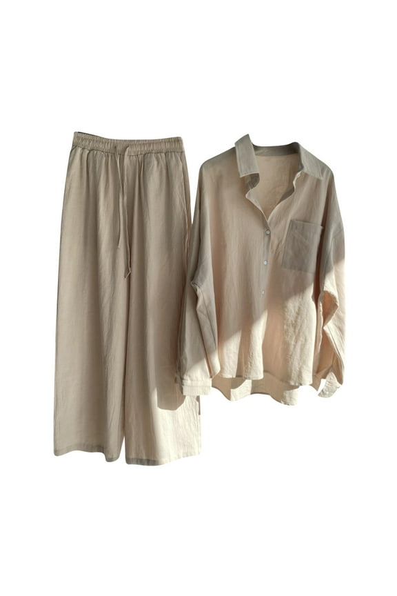 2 Piece Sets for Women 2024 Fall Clothes Fashion Outfits Two Piece Matching Cotton Linen Button Down Shirts and Wide Leg Palazzo Pants Sets Tracksuit Clothes