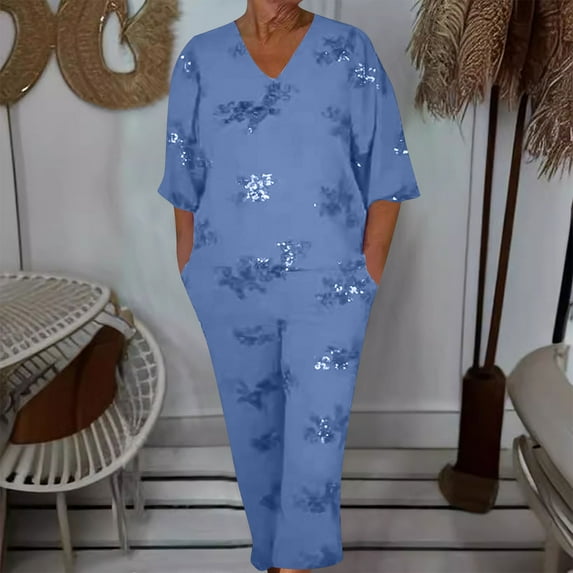 qolati Plus Size Lounge Sets for Women Two Piece Outfits Travel Vacation Clothes 3/4 Sleeve V Neck Top Wide Leg Cropped Pants Matching Sets Tracksuit