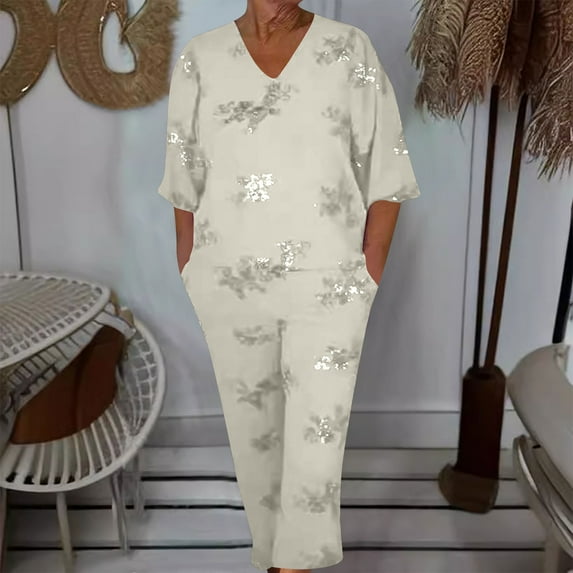 qolati Plus Size Lounge Sets for Women Two Piece Outfits Travel Vacation Clothes 3/4 Sleeve V Neck Top Wide Leg Cropped Pants Matching Sets Tracksuit