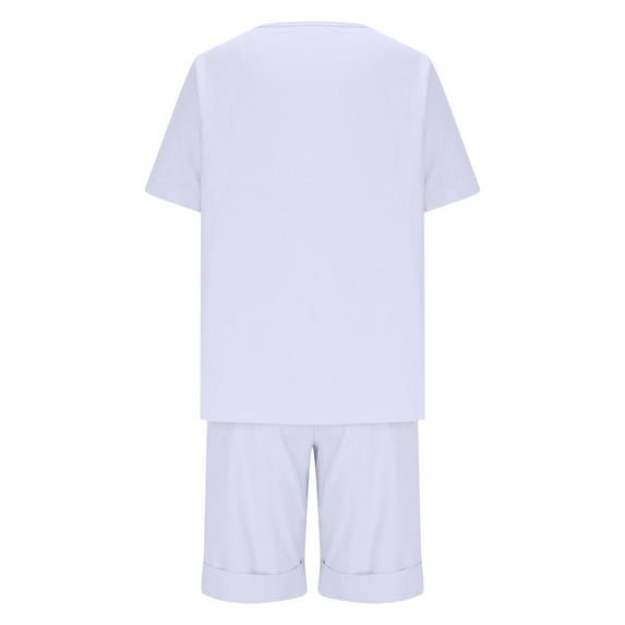 qolati Plus Size Lounge Sets for Women Two Piece Outfits Travel Vacation Clothes Short Sleeve V Neck Top Bermuda Shorts Sets Cotton Linen Tracksuit
