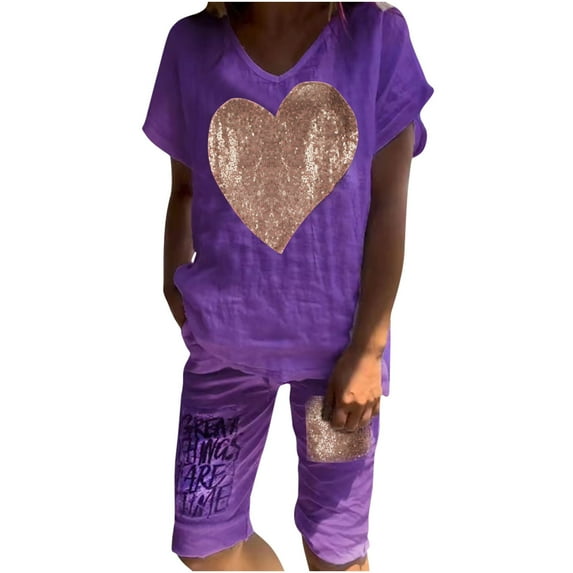 qolati Plus Size Lounge Sets for Women Two Piece Outfits Travel Vacation Clothes Short Sleeve V Neck Top Bermuda Shorts Sets Cotton Linen Tracksuit