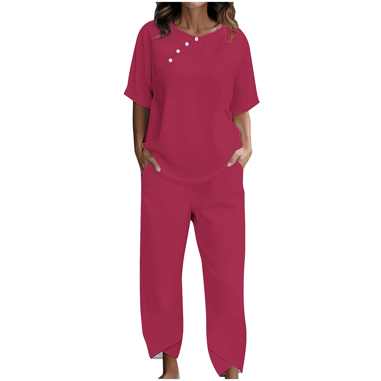 Homenesgenics Women's Two Piece Outfits Women Pants And Top Plus Size Capri 2 Sets Round Neck Short Sleeve Pajama Pockets Summer Clearance Multi Color S