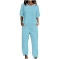 thumbnail image 1 of qolati Two Piece Outfits for Women 2024 Trendy Summer Sets Comfy Plus Size Short Sleeve Crew Neck Tops and Cropped Pants Tracksuits Casual Matching Lounge Set, 1 of 4