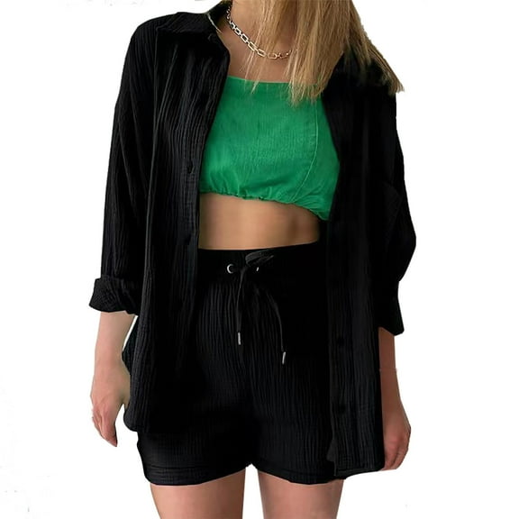 qolati Two Piece Sets for Women Solid 2 Piece Outfits Oversized Button Down Long Sleeve Shirt and High Waist Drawstring Shorts Set 2024 Fashion Texture Lounge Tracksuits