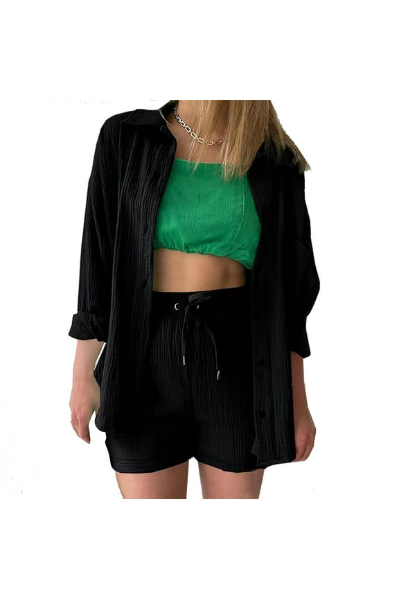 Two Piece Sets for Women Solid 2 Piece Outfits Oversized Button Down Long Sleeve Shirt and High Waist Drawstring Shorts Set 2024 Fashion Texture Lounge Tracksuits
