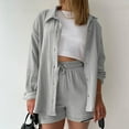 thumbnail image 1 of qolati Two Piece Sets for Women Solid 2 Piece Outfits Oversized Button Down Long Sleeve Shirt and High Waist Drawstring Shorts Set 2024 Fashion Texture Lounge Tracksuits, 1 of 5
