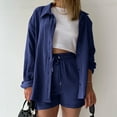 thumbnail image 1 of qolati Two Piece Sets for Women Solid 2 Piece Outfits Oversized Button Down Long Sleeve Shirt and High Waist Drawstring Shorts Set 2024 Fashion Texture Lounge Tracksuits, 1 of 5