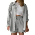 thumbnail image 1 of qolati Two Piece Sets for Women Solid 2 Piece Outfits Oversized Button Down Long Sleeve Shirt and High Waist Drawstring Shorts Set 2024 Fashion Texture Lounge Tracksuits, 1 of 5