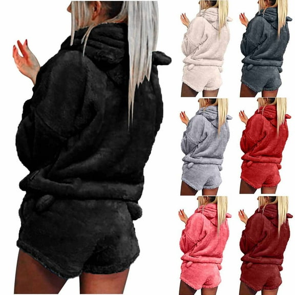 qolati Women 2 Piece Outfits Fuzzy Fleece Long Sleeve Hoodies Sweatshits and Shorts Set Tracksuit 2024 Fall Winter Loungwear Pajama Sets