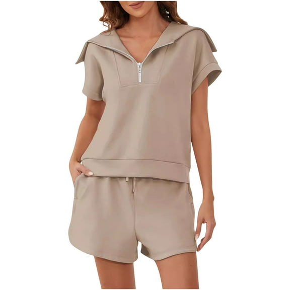 qolati Women 2 Piece Outfits Summer Lounge Sets Half Zip Lapel Cap Sleeve Sweatshirts and Sweat Shorts Tracksuit Sets Oversized Trendy Matching Sets
