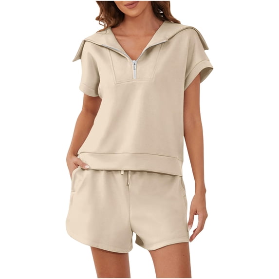qolati Women 2 Piece Outfits Summer Lounge Sets Half Zip Lapel Cap Sleeve Sweatshirts and Sweat Shorts Tracksuit Sets Oversized Trendy Matching Sets
