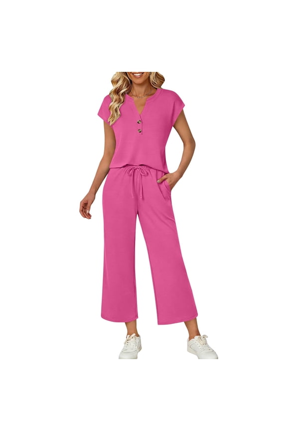 Women's 2 Piece Outfits Cotton Linen Crew Neck Short Sleeve Button Shirt Tops and Wide Leg Pants Lounge Matching Set Tracksuits Trendy Clothes 2024