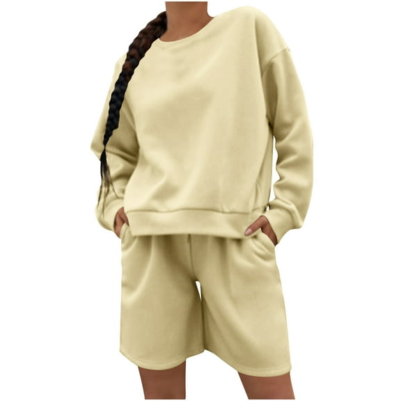 qolati Women's 2 Piece Outfits Short Sweatsuits Oversized Long Sleeve Sweatshirt and Shorts Sets Casual Sweat Tracksuit Lounge Sets Beige S 4