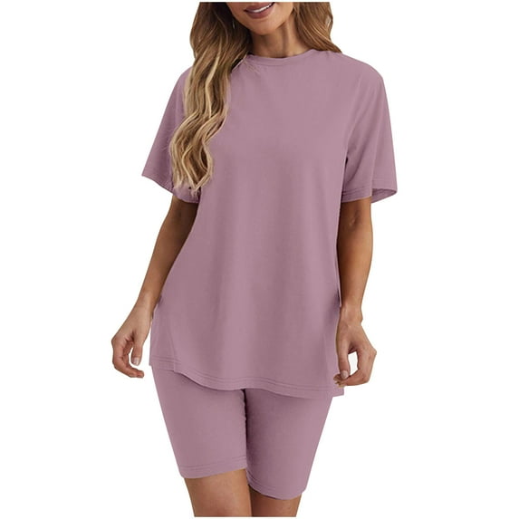 qolati Womens 2 Piece Sets Summer Outfits 2024 Fashion Two Piece Lounge Matching Set Oversized Baisc T-Shirts Biker Shorts Tracksuit