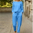 thumbnail image 1 of qolati Womens Cotton Linen 2 Piece Outfits 2023 Long Sleeve Pullover Tops Drawstring Straight Leg Pants Matching Sets Fall Clothes Casual Loungewear Sweatsuits, 1 of 6