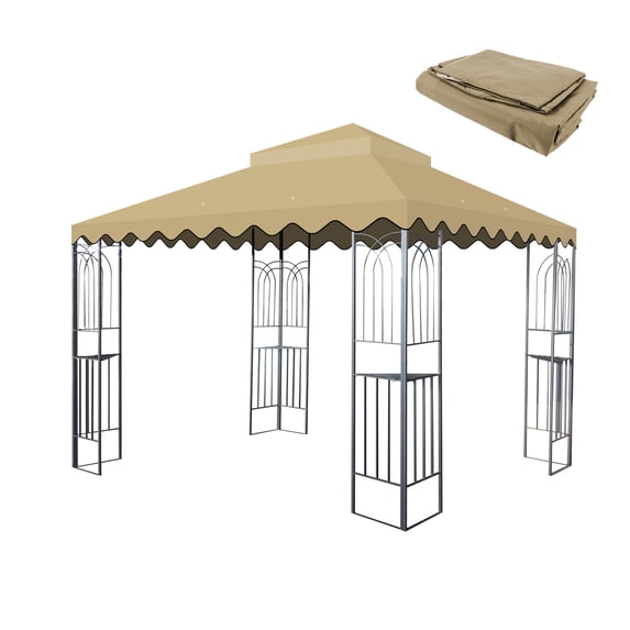 10x10 Ft Replacement Gazebo Canopy, Double Tiered Outdoor Patio Tent Roof Cover with Wavy Border, UV Protection & Water Repellent Polyester Fabric, Khaki (Frame Not Included)