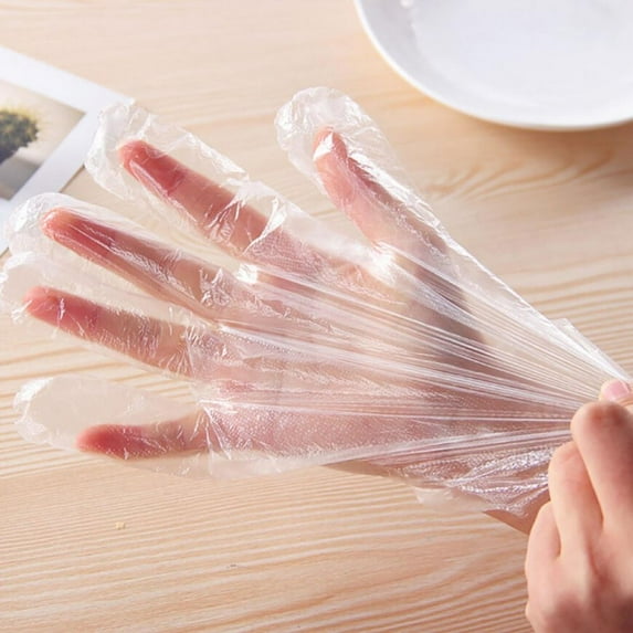 Clearance 100 PCS Plastic Disposable Gloves, Transparent, One Size Fits Most, Food Handling Gloves, Plastic PE Poly Gloves for Kitchen Cooking Cleaning Food Handling