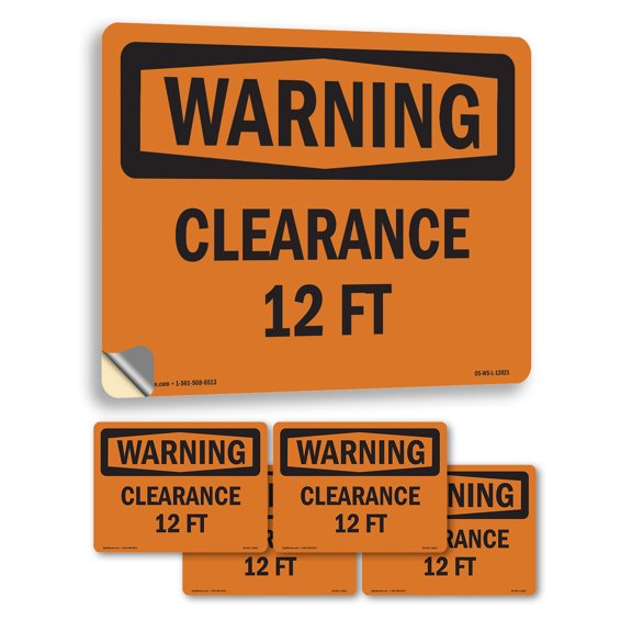 Clearance 12 Ft OSHA WARNING Vinyl Decal Label 7 Inch x 5 Inch - 5 Pack