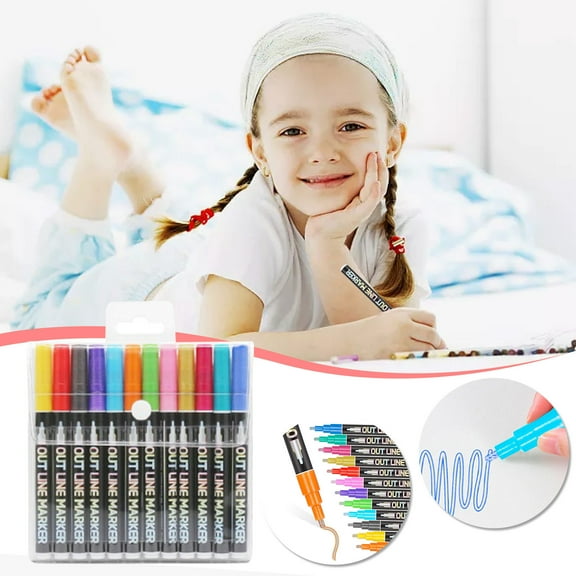 12 PCS Double Line Outline Pen,Highlighting Pen,Hand Account Note Mark Pen,Book Markers for Students,Marker Pens,Marking Pens,Writing Supplies,Students Stationery