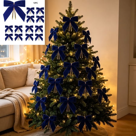 Qocolcyl Clearance! 12 Pack Dark Blue Velvet Bows for Christmas Tree Wreath Garland Gift Box, Reusable Small Decorative Bows for Holiday Party Wedding Thanksgiving Christmas Home Ornament Decorations
