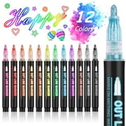 Clearance 12 Pack Double Line Outline Markers Metallic Marker Pens, Glitter Outline Pens for Art Projects with 2mm Tip Water-Based Ink for Greeting Card Making and DIY Crafts, 2mm Tip12 Colors