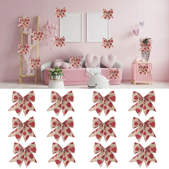 Clearance! 12 Pcs 6 Inch Printed Burlap Bows Decoration Bow for Valentine's Day Gift Wrapping Holiday Basket Ornaments Pendant X12