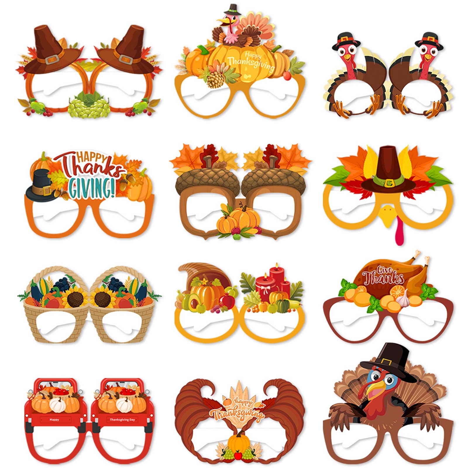 Clearance!12 Pcs Thanksgiving Glasses, Funny Turkey Pumpkin Eyeglasses Accessories for Kids Adults Fall Photo Props to Wear Paper Decorations Party Favors Supplies