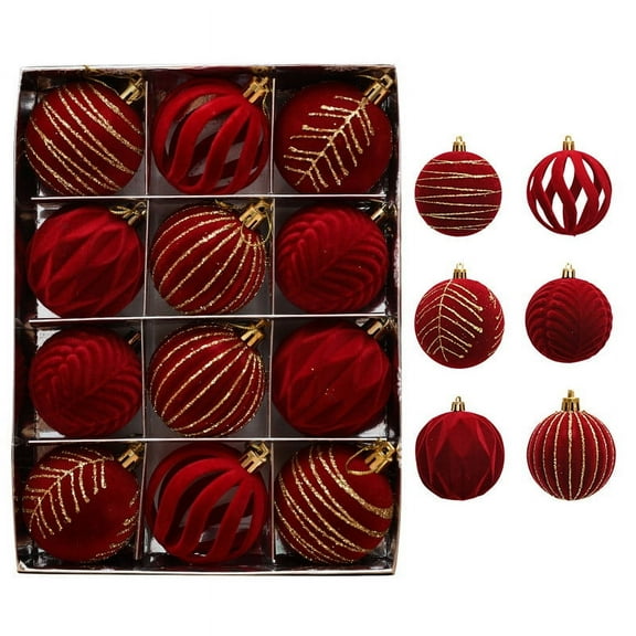 Clearance!12PCS Velvet Christmas Ornaments Balls, Burgundy Christmas Balls Ornaments, Flocked Christmas Tree Ball Hanging Ornaments Shatterproof Xmas Bulbs For Christmas Tree Decorations Parties(Red,