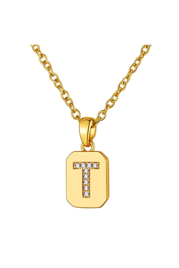 14K Gold Plated Necklace for Women Square Cubic Zirconia Initial T Necklaces for Her Valentine's Day Christmas Birthdady Gift
