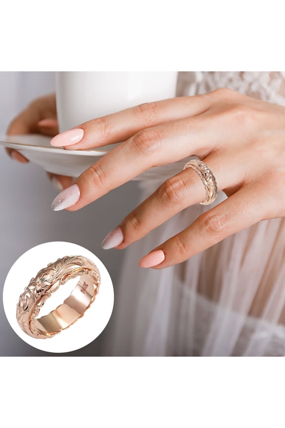 Clearance!14k Yellow Gold Plated Suspended Carved Rose Flower Ring End Ring For Women, Tail Ring, 14K yellow gold hand engraved Hawaiian plumeria scroll band ring smooth edge 6mm, Valentine's Day Gift