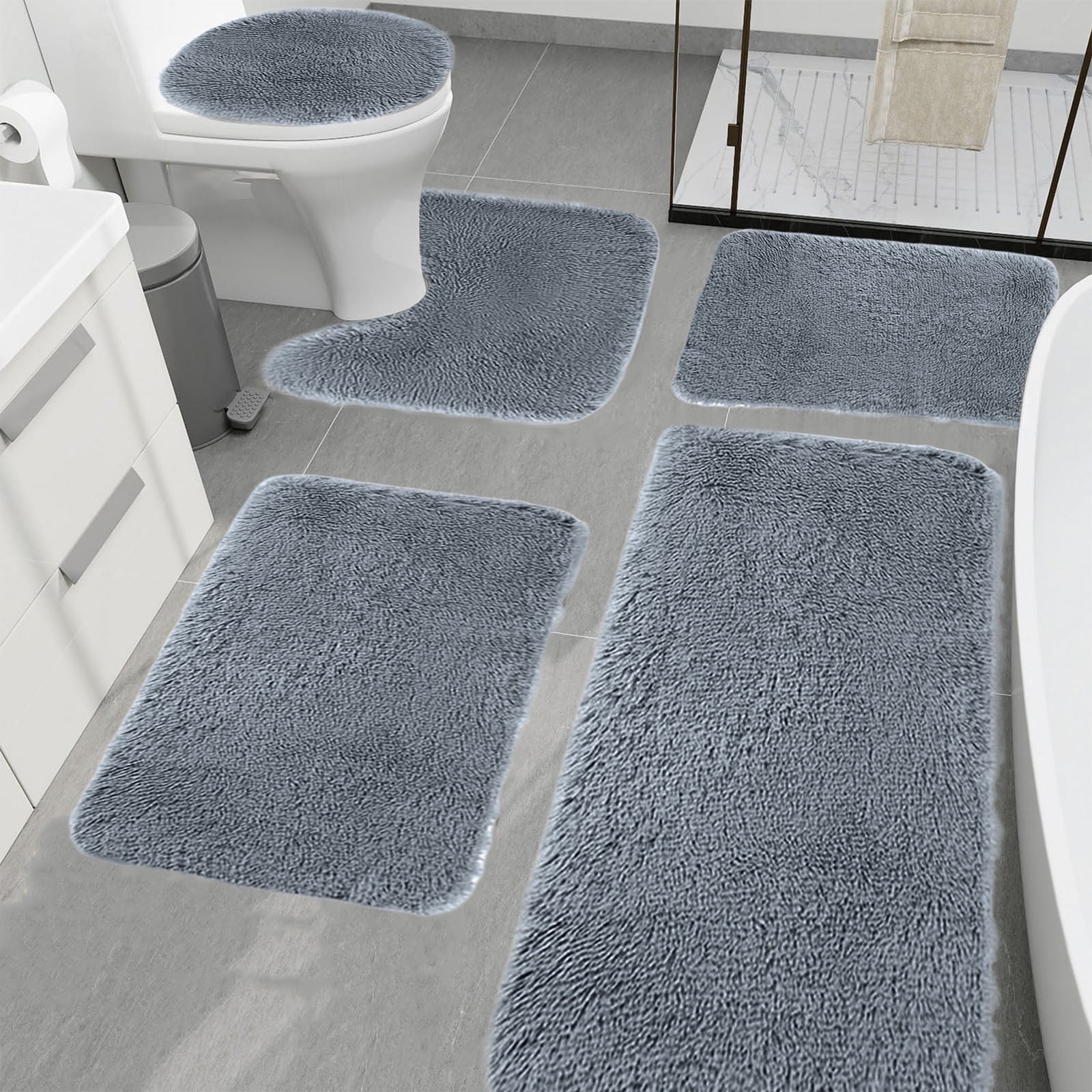 Clearance under $15! CSSAD Bathroom Rugs,Solid Color Bath Mats 5 Set Bathroom Rugs Universal Soft Comfortable Water Absorption Non-Slip Thick Machine Washable Easier To Dry,Drak Gray