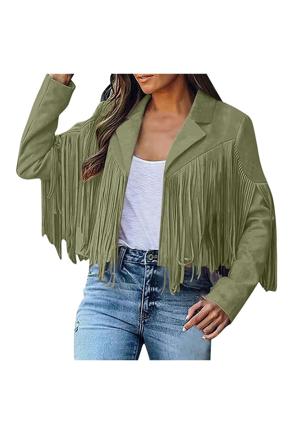 Ladies Coats and Jackets for Winter Fringe Coat for Women Faux Suede Leather Cowboy Style Coat Long Sleeve Tassels Cardigan Coat