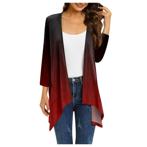 under $15 Turilly Lady Coats Summer Plus Size Jackets Women's Gradient Printed Long Sleeved Irregular Hem Pleated Cardigan (suitable for Summer and Autumn) Cardigan