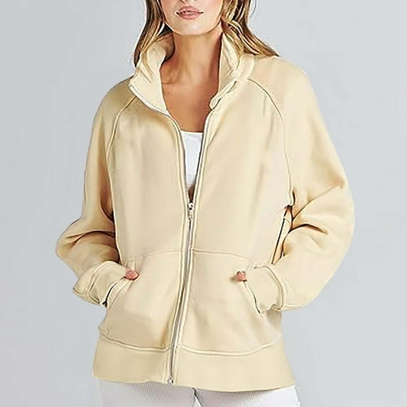 under $15 Turilly Women's Coats for Cold Winter Women's Loose Pure Color Long Sleeve Casual Zipper Tops Blouse with Pocket Sweatshirt Jackets