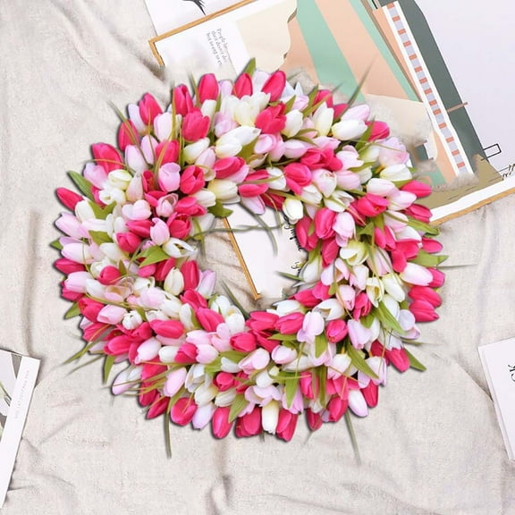 Clearance under $15! Wreaths for front Door Kingtowag Artificial Floral Wreath, Spring Mother's Day Artificial Tulip Wreath 30Cm, Greenery Wreath for Porch, Window, Home, Farmhouse Summer Wreath